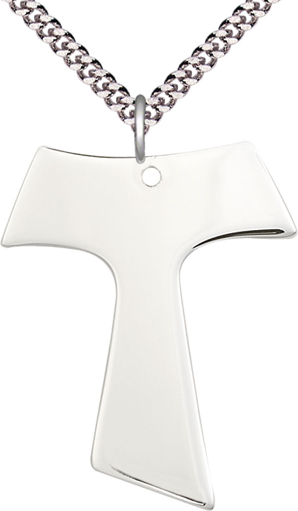 Sterling Silver Tau Cross Pendant on a 24 inch Light Rhodium Heavy Curb chain