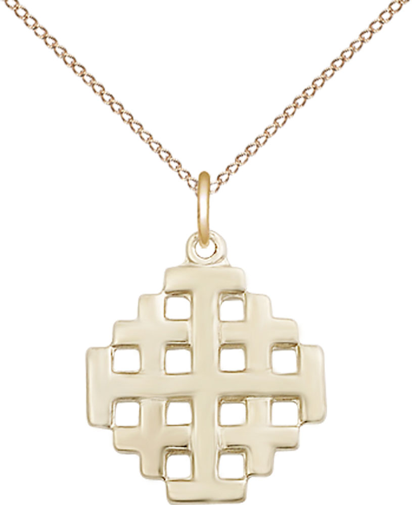 14kt Gold Filled Jerusalem Cross Pendant on a 18 inch Gold Filled Light Curb chain