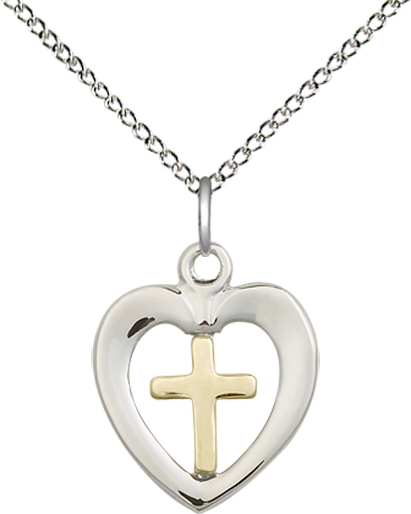 Two-Tone GF/SS Heart Cross Pendant on a 18 inch Sterling Silver Light Curb chain
