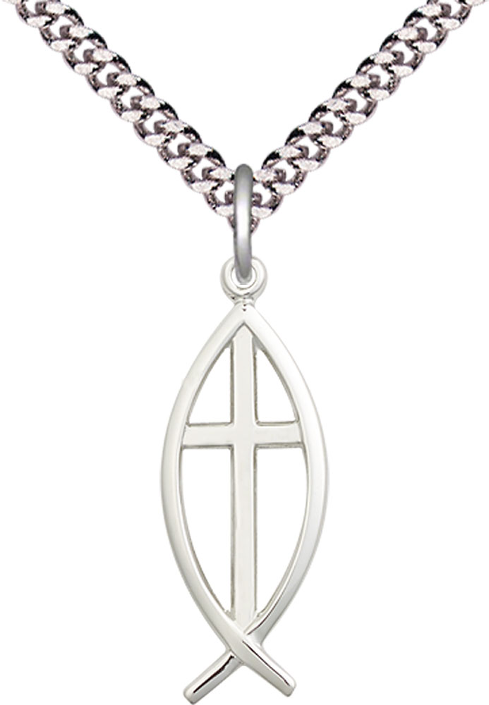 Sterling Silver Fish Cross Pendant on a 24 inch Light Rhodium Heavy Curb chain