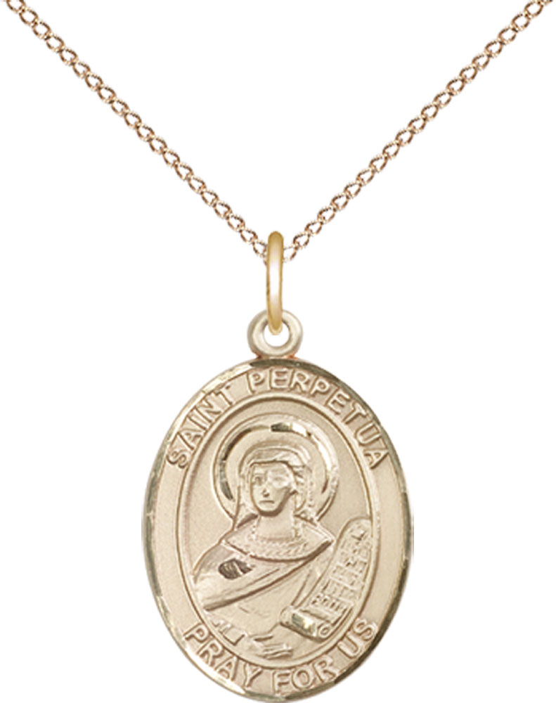 14kt Gold Filled Saint Perpetua Pendant on a 18 inch Gold Filled Light Curb chain