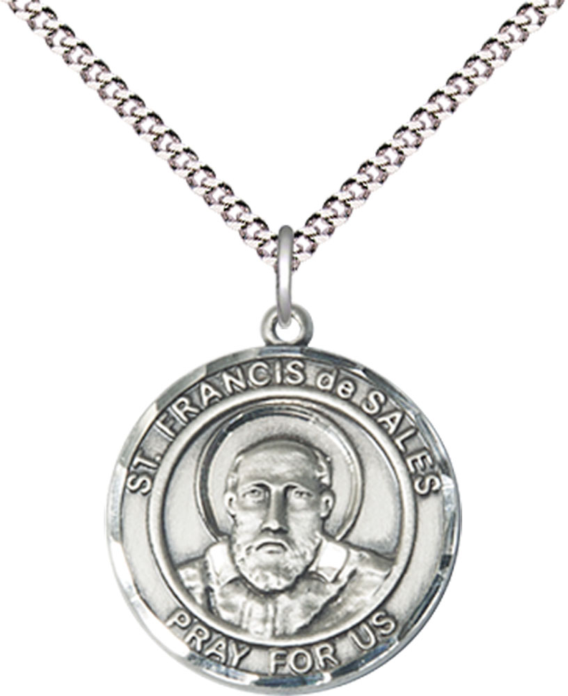 Sterling Silver Saint Francis de Sales Pendant on a 18 inch Light Rhodium Light Curb chain
