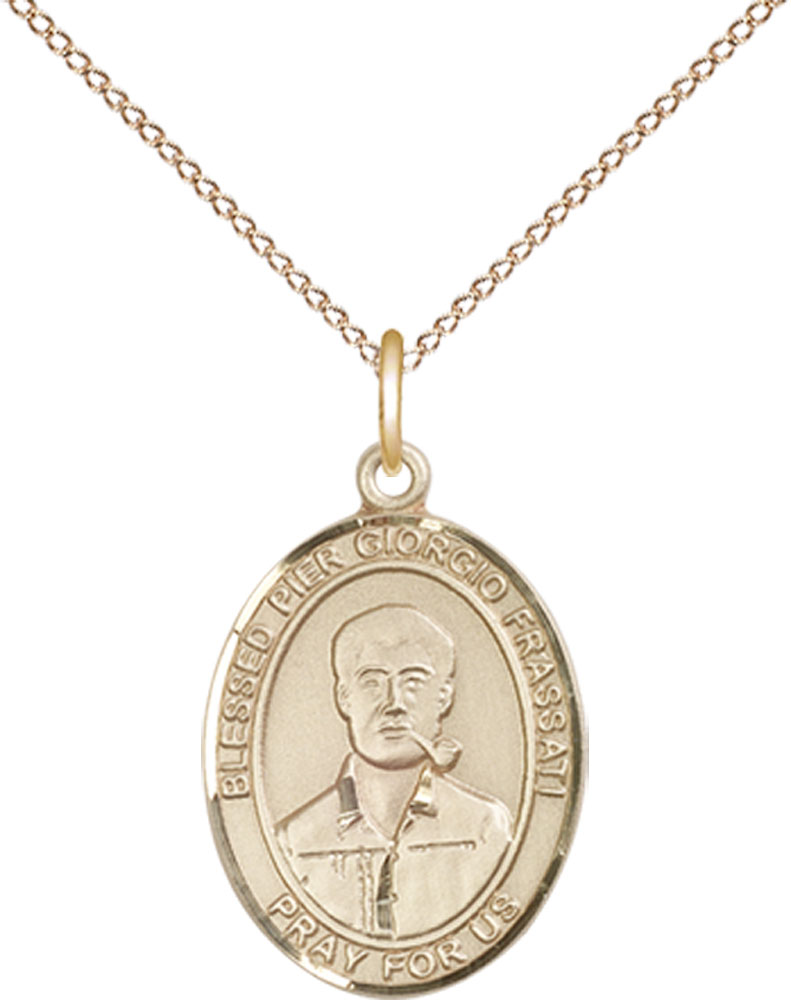 14kt Gold Filled Blessed Pier Giorgio Frassati Pendant on a 18 inch Gold Filled Light Curb chain