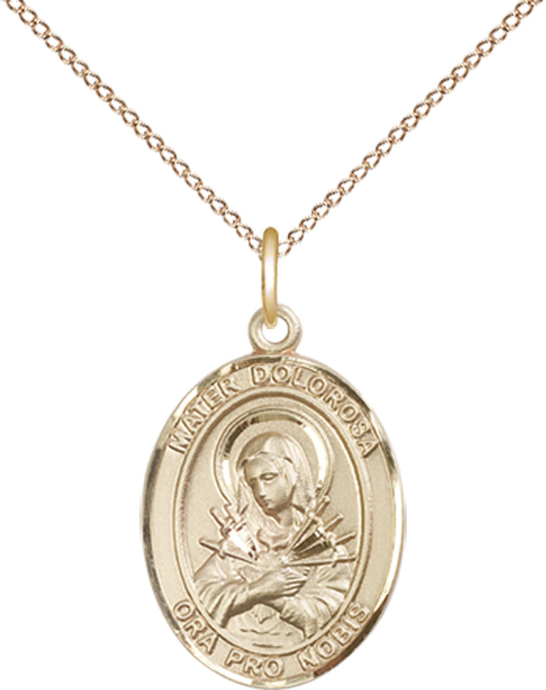 14kt Gold Filled Mater Dolorosa Pendant on a 18 inch Gold Filled Light Curb chain