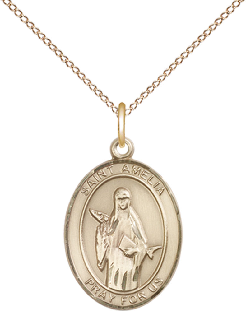 14kt Gold Filled Saint Amelia Pendant on a 18 inch Gold Filled Light Curb chain
