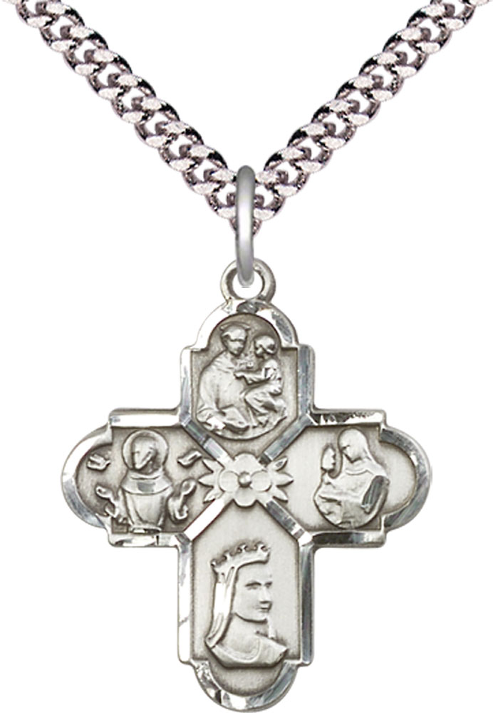 Sterling Silver Franciscan 4-Way Pendant on a 24 inch Light Rhodium Heavy Curb chain