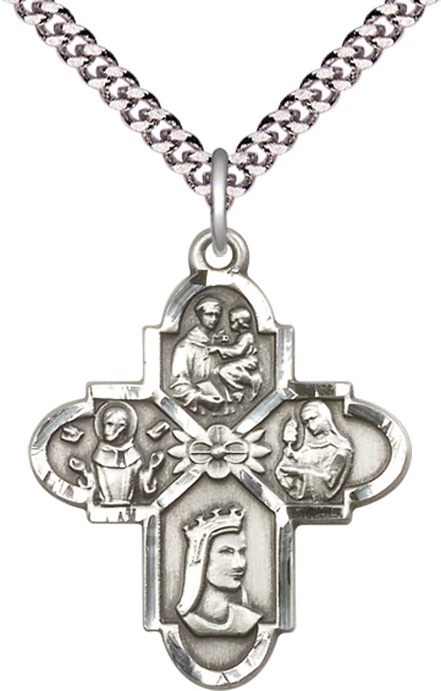Sterling Silver Franciscan 4-Way Pendant on a 24 inch Light Rhodium Heavy Curb chain