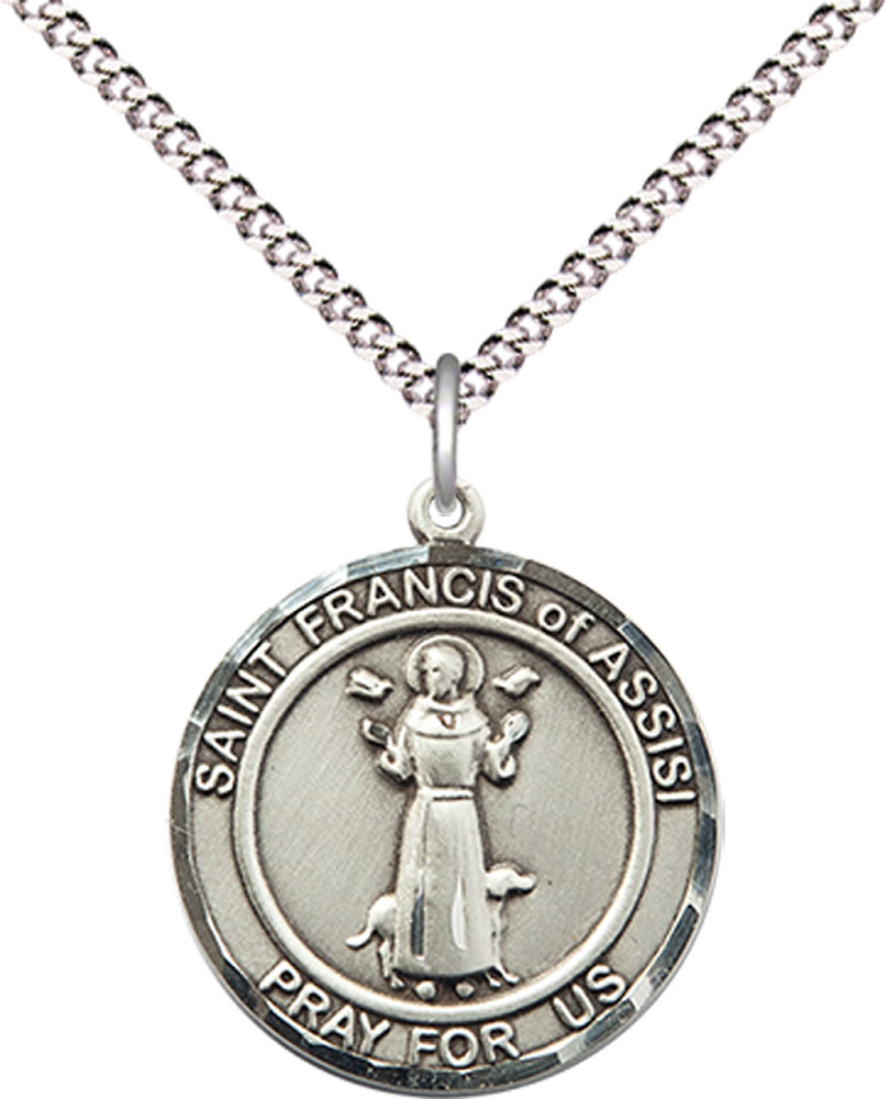 Sterling Silver Saint Francis of Assisi Pendant on a 18 inch Light Rhodium Light Curb chain