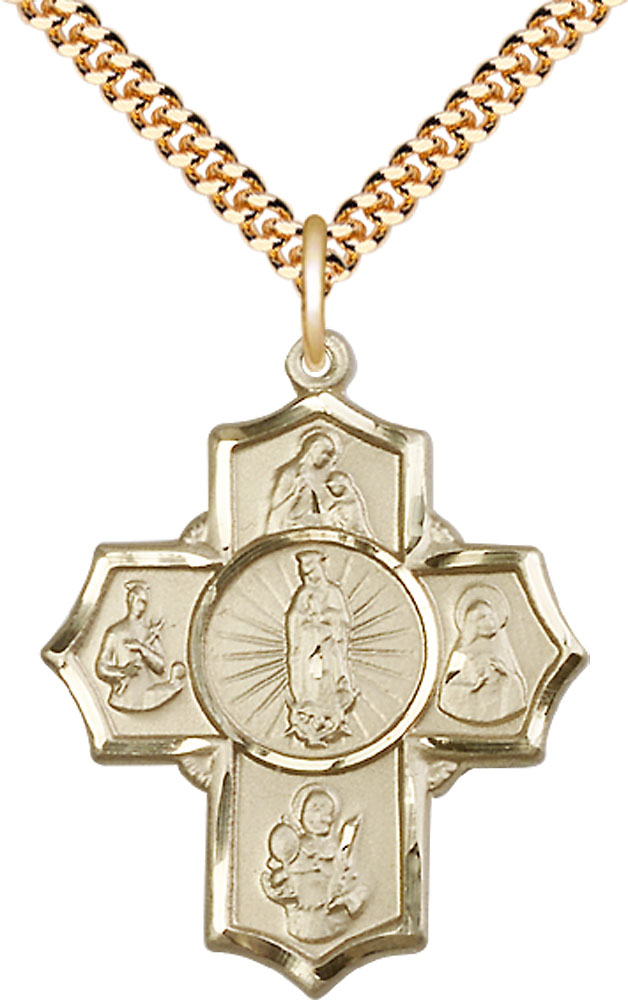 14kt Gold Filled 5-Way Motherhood Pendant on a 24 inch Gold Plate Heavy Curb chain