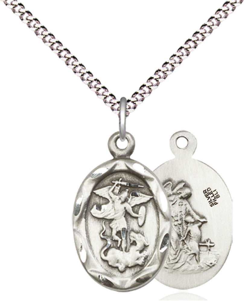 Sterling Silver Saint Michael the Archangel Pendant on a 18 inch Light Rhodium Light Curb chain
