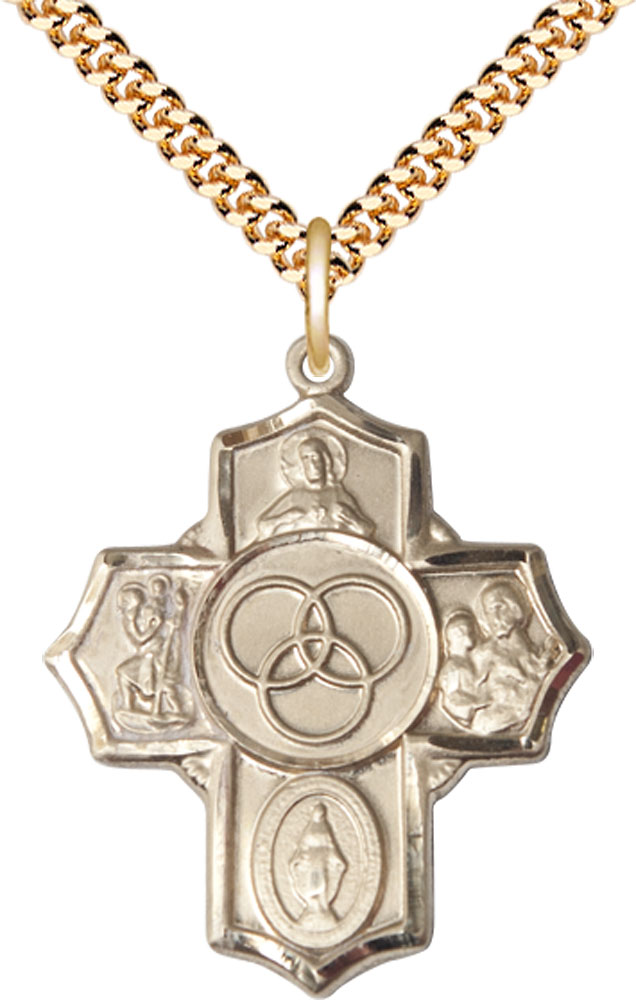 14kt Gold Filled Blended Family 5-Way Pendant on a 24 inch Gold Plate Heavy Curb chain