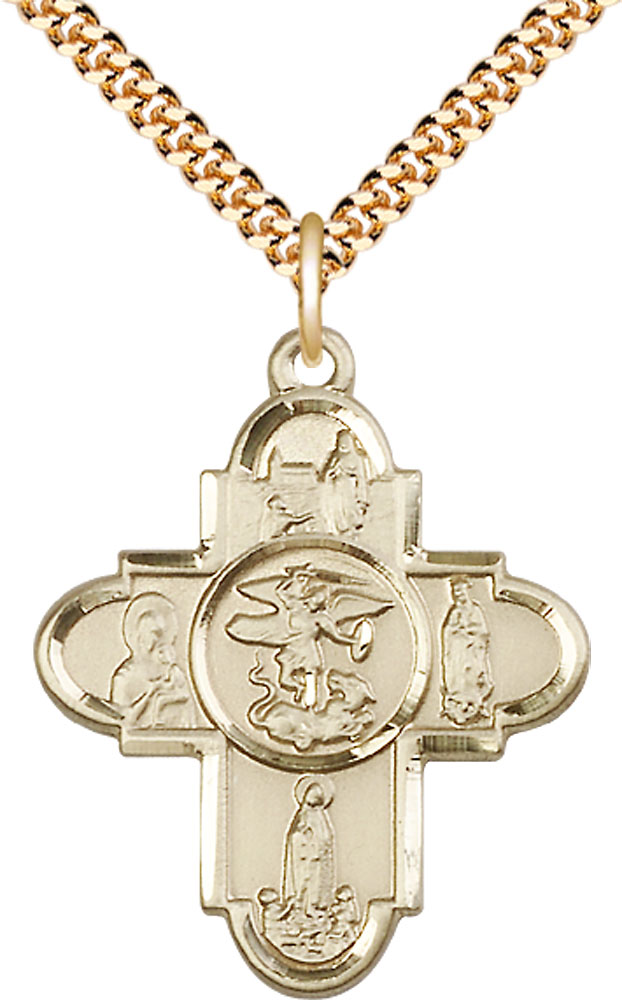 14kt Gold Filled Our Lady 5-Way Pendant on a 24 inch Gold Plate Heavy Curb chain