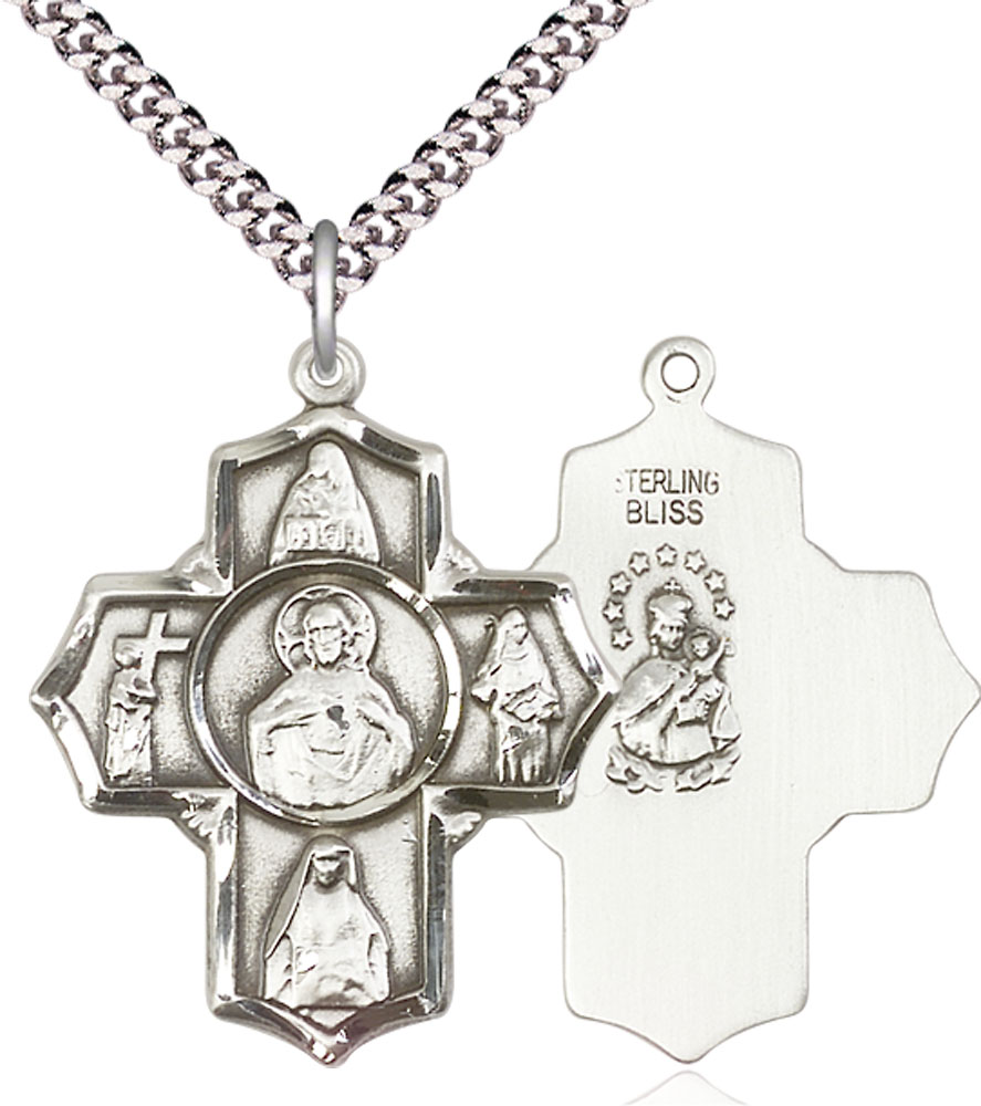 Sterling Silver Scapular 4-Way Pendant on a 24 inch Light Rhodium Heavy Curb chain