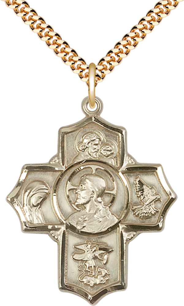 14kt Gold Filled Sacred Heart 5-Way Pendant on a 24 inch Gold Plate Heavy Curb chain