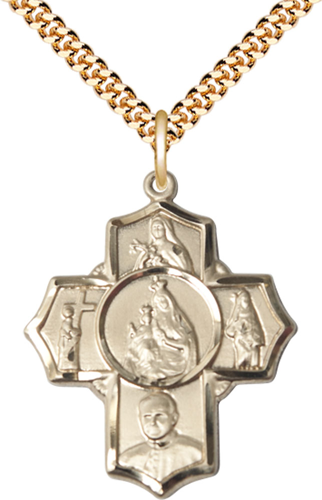 14kt Gold Filled Carmelite 4-Way Pendant on a 24 inch Gold Plate Heavy Curb chain