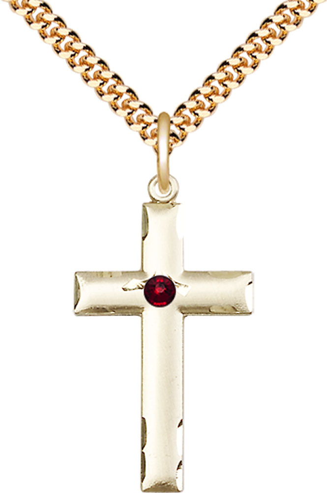 14kt Gold Filled Cross Pendant with a 3mm Garnet Swarovski stone on a 24 inch Gold Plate Heavy Curb chain