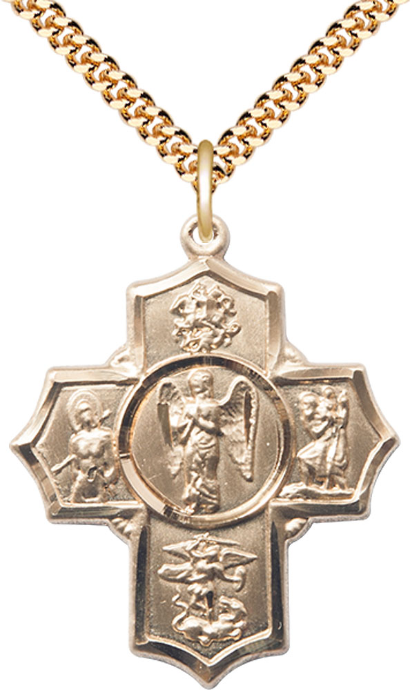14kt Gold Filled Warrior 5-Way Pendant on a 24 inch Gold Plate Heavy Curb chain