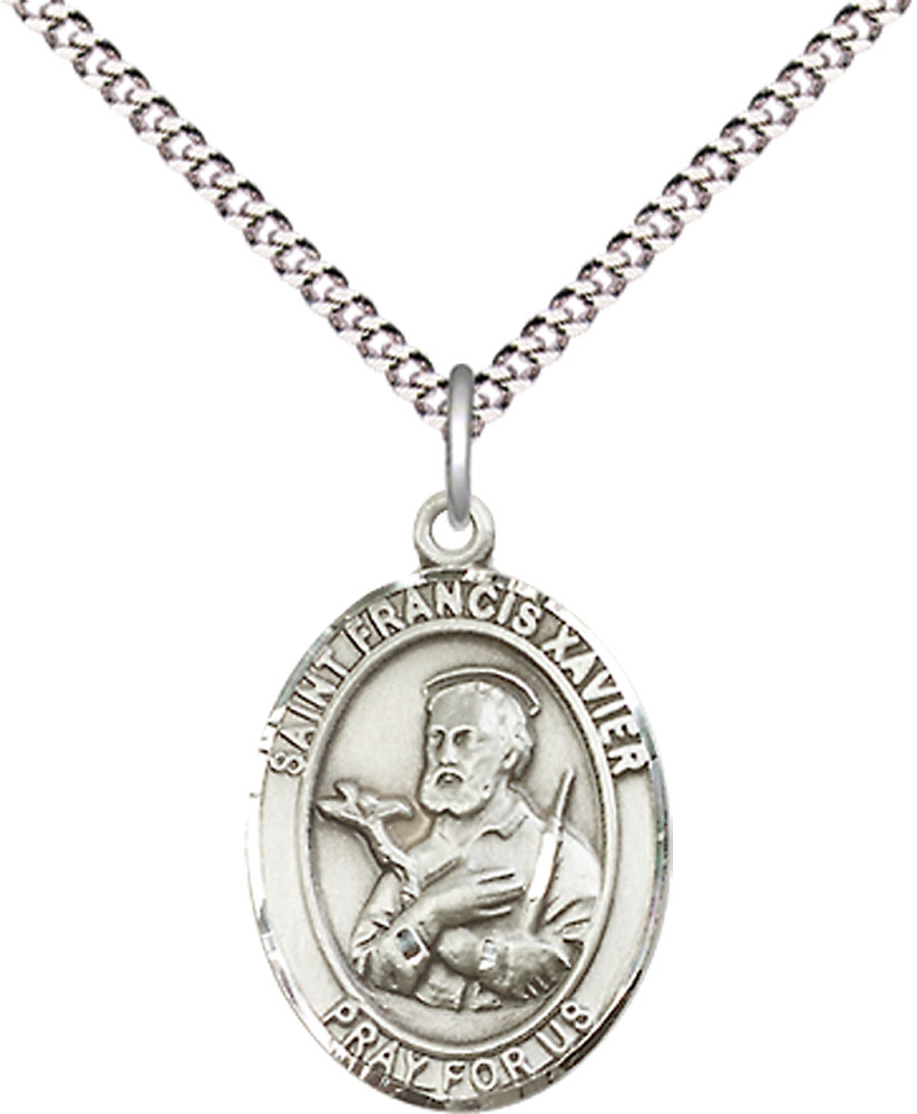 Sterling Silver Saint Francis Xavier Pendant on a 18 inch Light Rhodium Light Curb chain