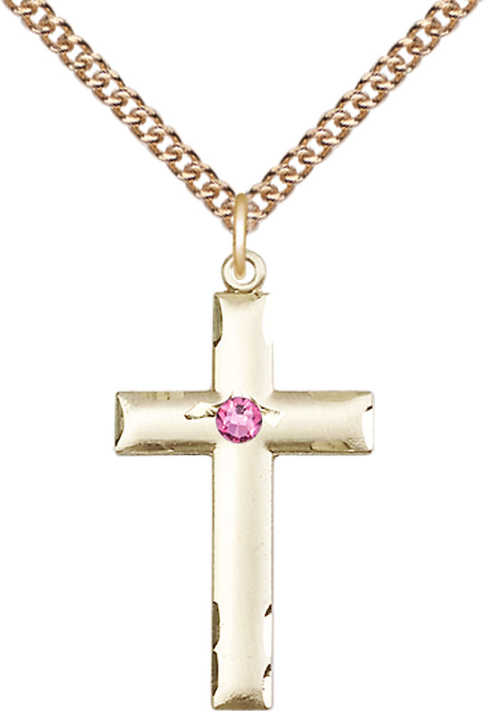14kt Gold Filled Cross Pendant with a 3mm Rose Swarovski stone on a 24 inch Gold Filled Heavy Curb chain