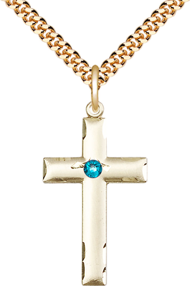 14kt Gold Filled Cross Pendant with a 3mm Zircon Swarovski stone on a 24 inch Gold Plate Heavy Curb chain