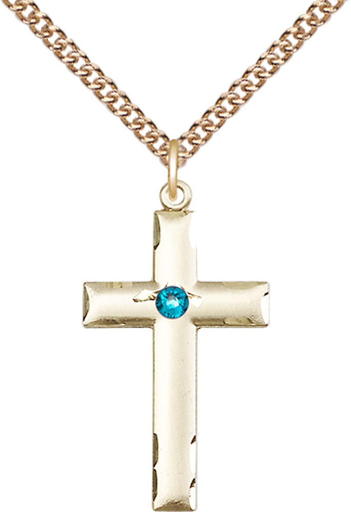14kt Gold Filled Cross Pendant with a 3mm Zircon Swarovski stone on a 24 inch Gold Filled Heavy Curb chain