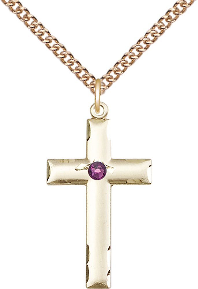 14kt Gold Filled Cross Pendant with a 3mm Amethyst Swarovski stone on a 24 inch Gold Filled Heavy Curb chain