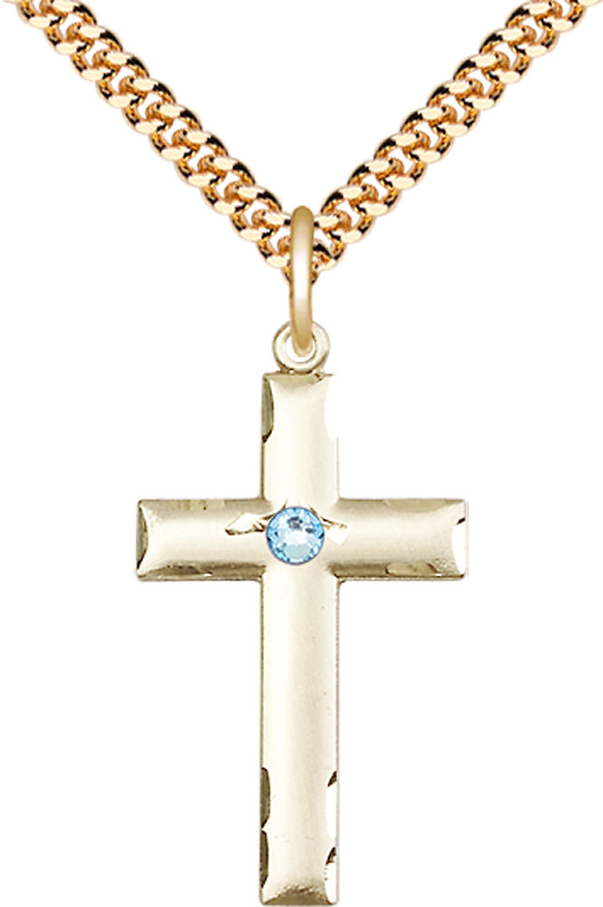 14kt Gold Filled Cross Pendant with a 3mm Aqua Swarovski stone on a 24 inch Gold Plate Heavy Curb chain