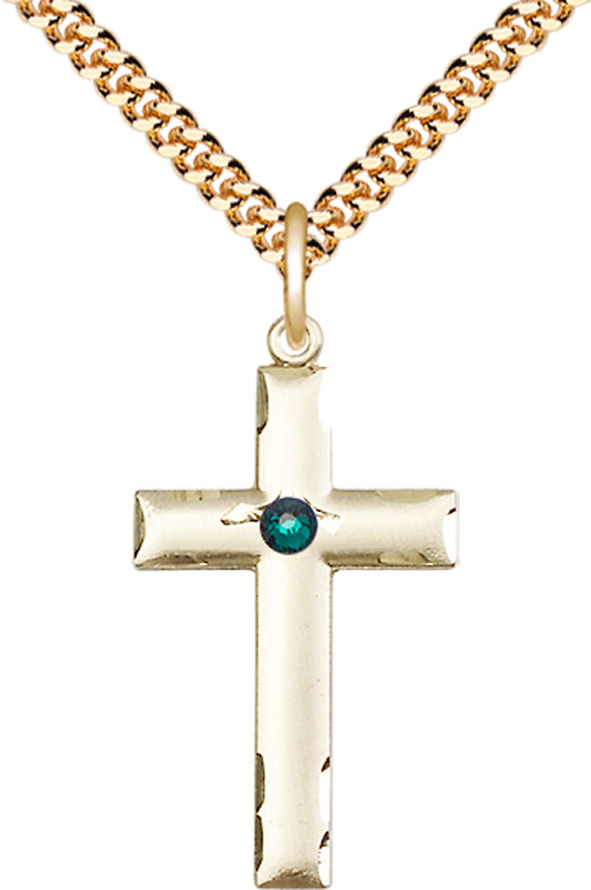 14kt Gold Filled Cross Pendant with a 3mm Emerald Swarovski stone on a 24 inch Gold Plate Heavy Curb chain