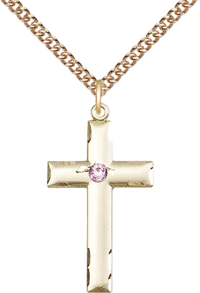 14kt Gold Filled Cross Pendant with a 3mm Light Amethyst Swarovski stone on a 24 inch Gold Filled Heavy Curb chain