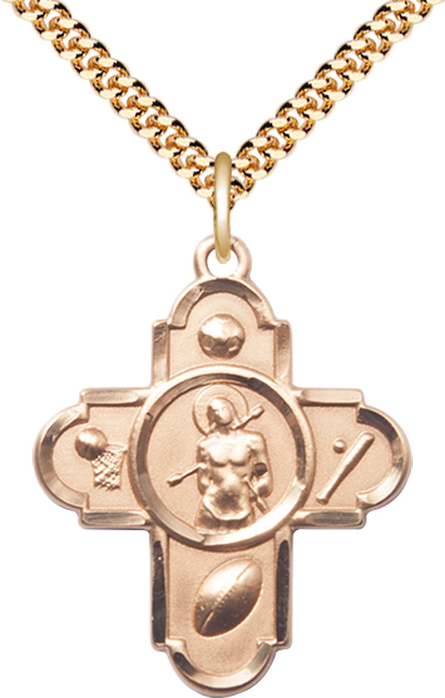14kt Gold Filled 5-Way St Sebastian Pendant on a 24 inch Gold Plate Heavy Curb chain