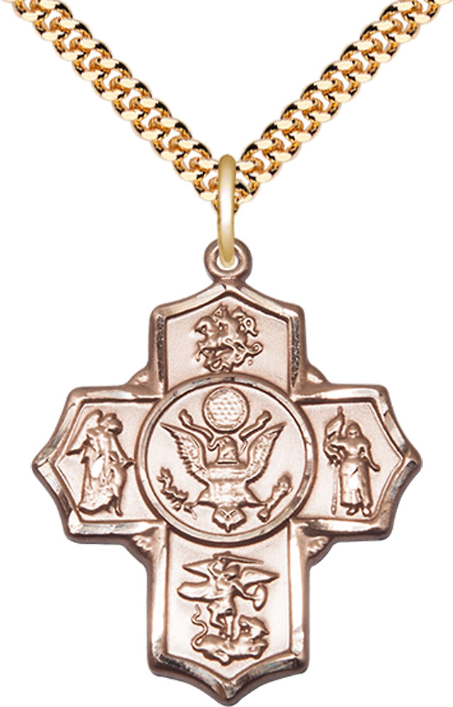 14kt Gold Filled 5-Way Army Pendant on a 24 inch Gold Plate Heavy Curb chain