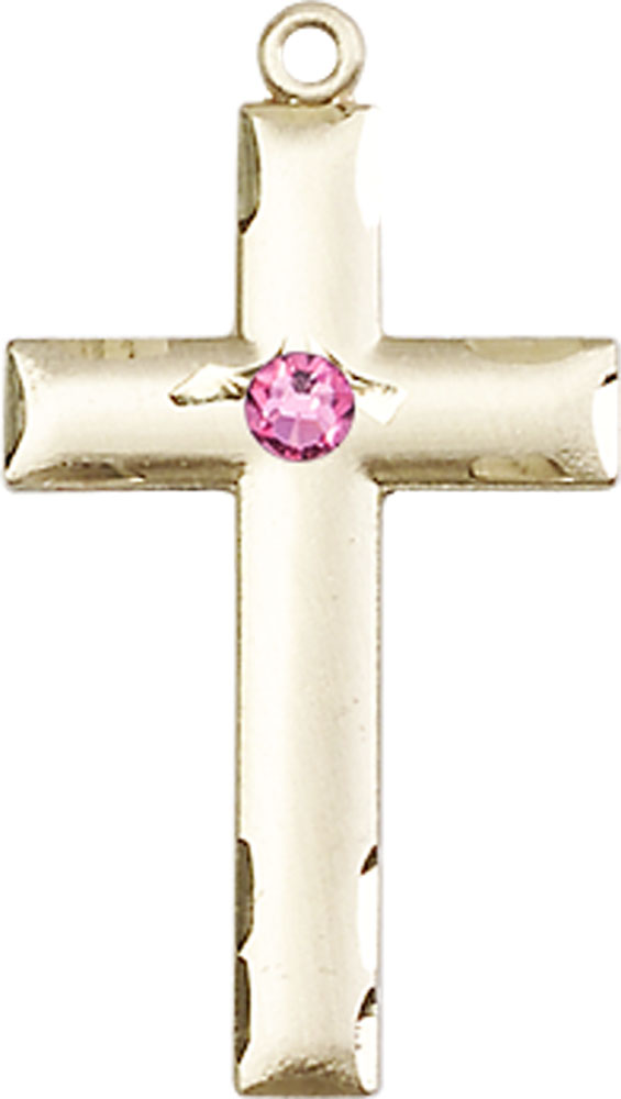 14kt Gold Cross Medal with a 3mm Rose Swarovski stone