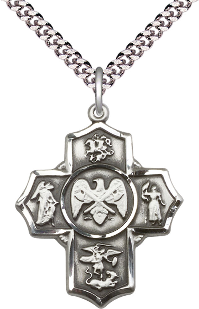 Sterling Silver 5-Way National Guard Pendant on a 24 inch Light Rhodium Heavy Curb chain