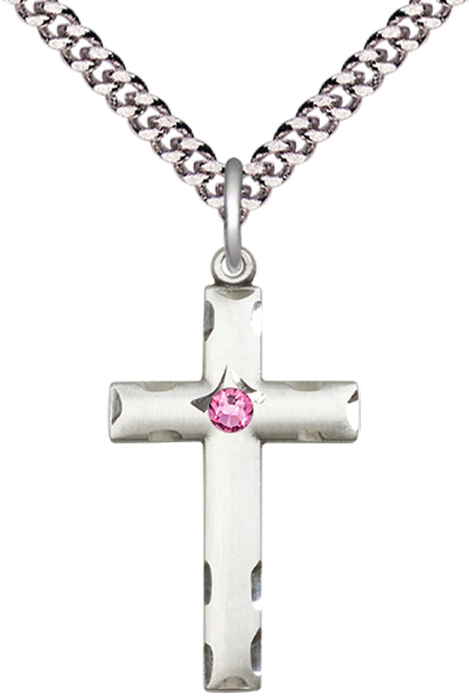 Sterling Silver Cross Pendant with a 3mm Rose Swarovski stone on a 24 inch Light Rhodium Heavy Curb chain