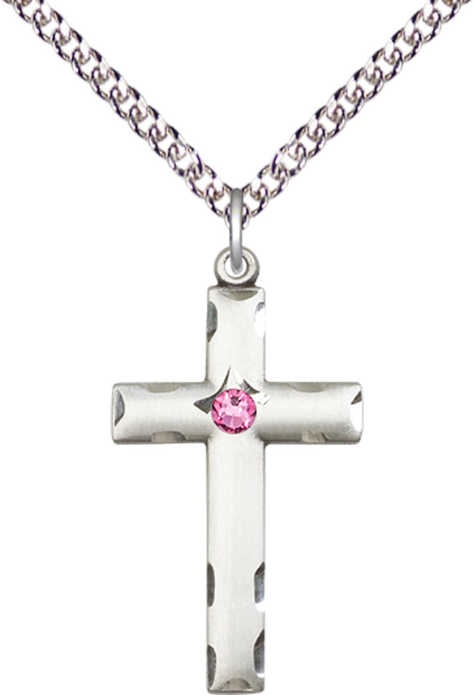 Sterling Silver Cross Pendant with a 3mm Rose Swarovski stone on a 24 inch Sterling Silver Heavy Curb chain