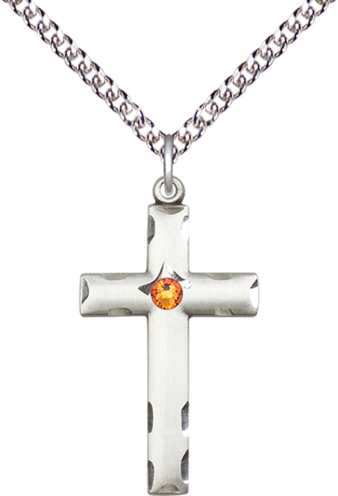 Sterling Silver Cross Pendant with a 3mm Topaz Swarovski stone on a 24 inch Sterling Silver Heavy Curb chain