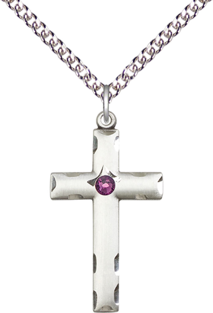 Sterling Silver Cross Pendant with a 3mm Amethyst Swarovski stone on a 24 inch Sterling Silver Heavy Curb chain