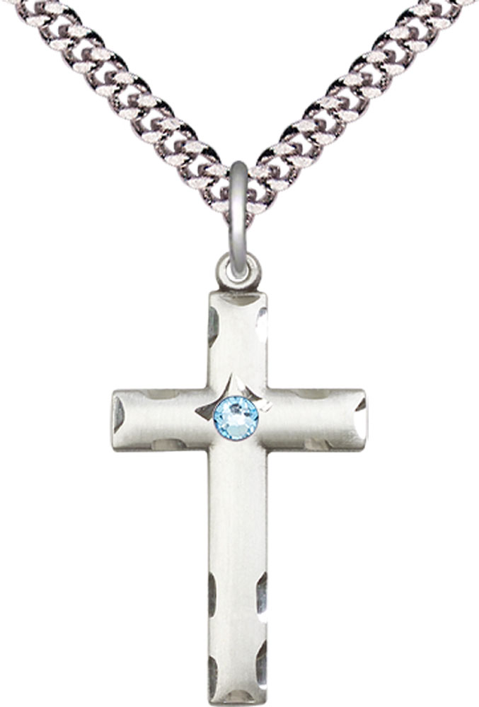 Sterling Silver Cross Pendant with a 3mm Aqua Swarovski stone on a 24 inch Light Rhodium Heavy Curb chain