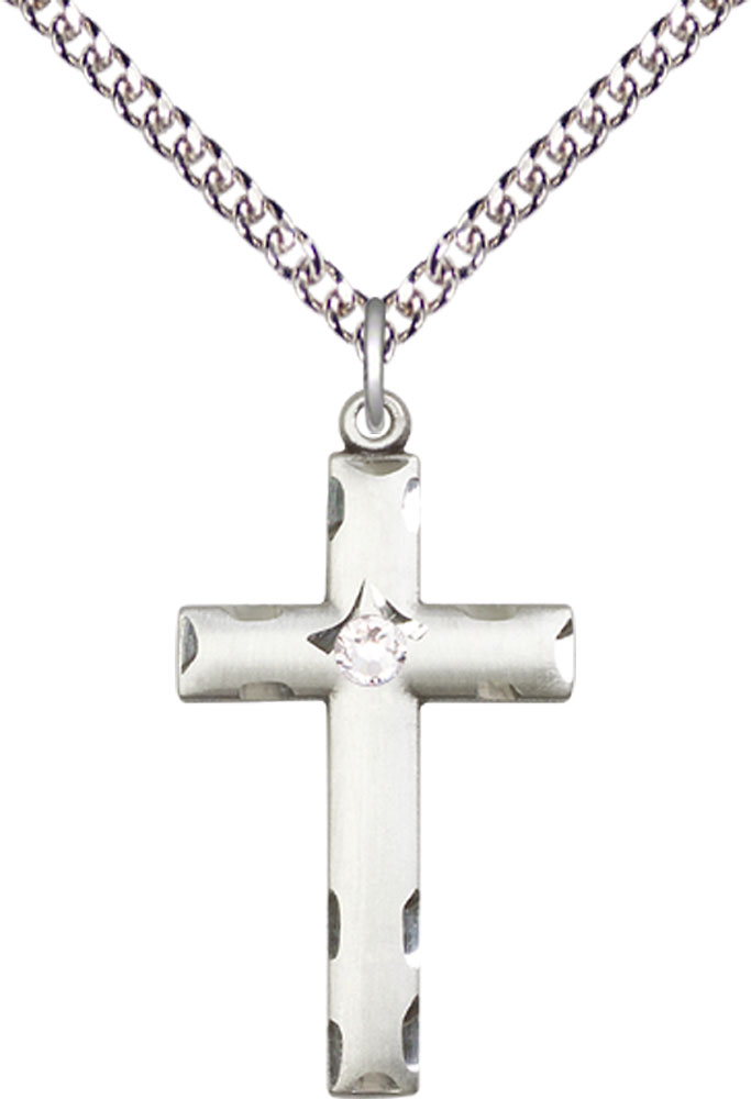 Sterling Silver Cross Pendant with a 3mm Crystal Swarovski stone on a 24 inch Sterling Silver Heavy Curb chain