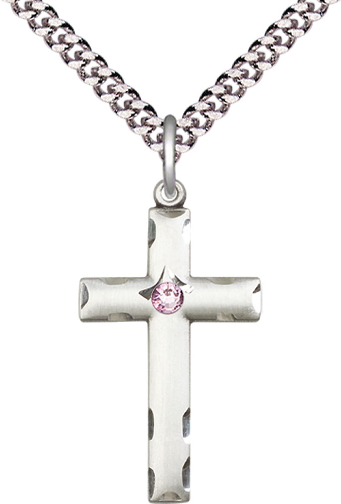 Sterling Silver Cross Pendant with a 3mm Light Amethyst Swarovski stone on a 24 inch Light Rhodium Heavy Curb chain
