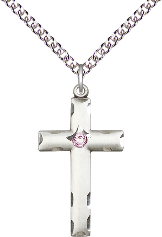 Sterling Silver Cross Pendant with a 3mm Light Amethyst Swarovski stone on a 24 inch Sterling Silver Heavy Curb chain