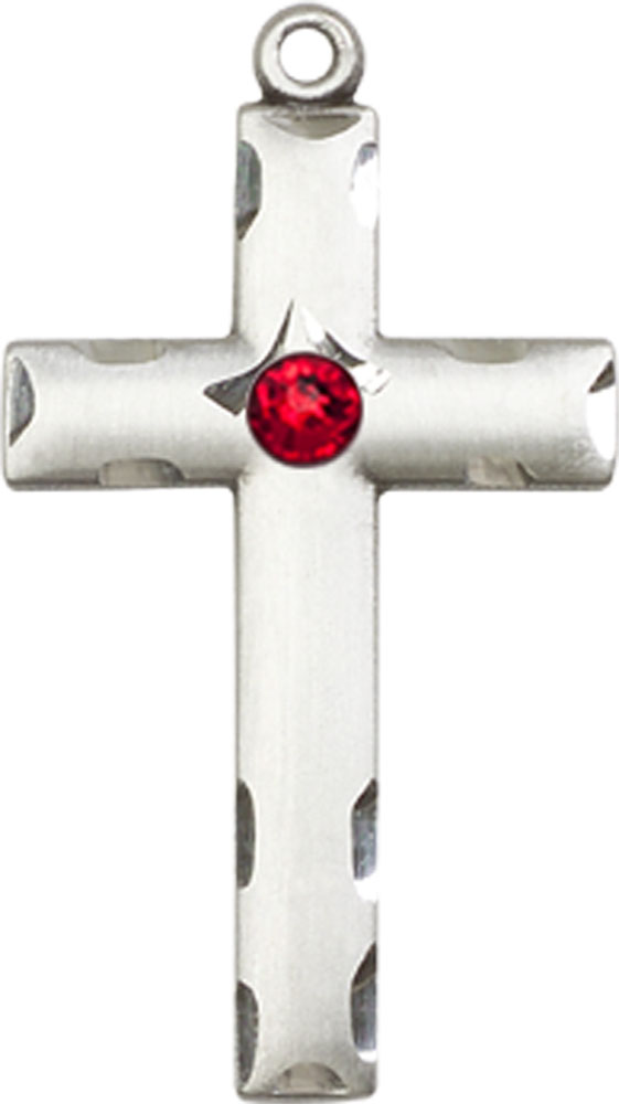 Sterling Silver Cross Medal with a 3mm Ruby Swarovski stone