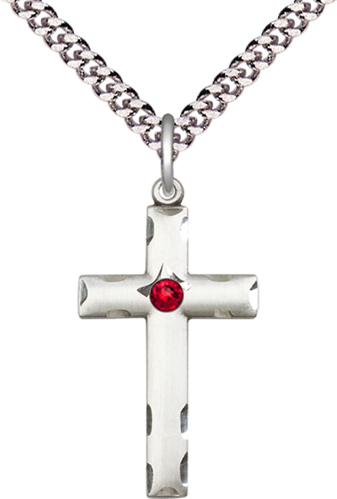 Sterling Silver Cross Pendant with a 3mm Ruby Swarovski stone on a 24 inch Light Rhodium Heavy Curb chain