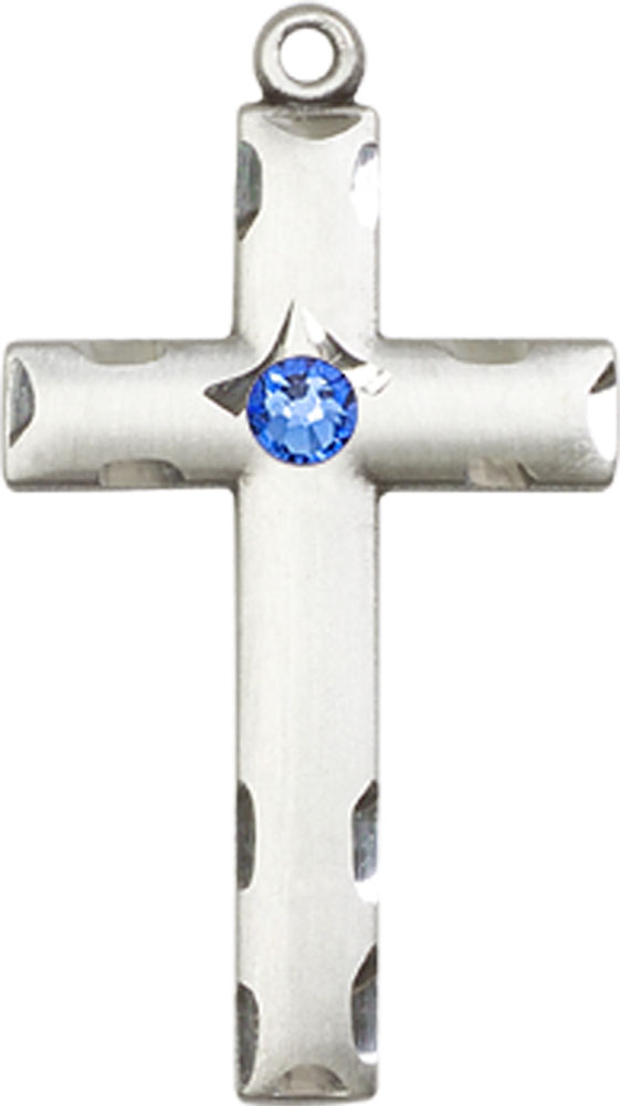 Sterling Silver Cross Medal with a 3mm Sapphire Swarovski stone