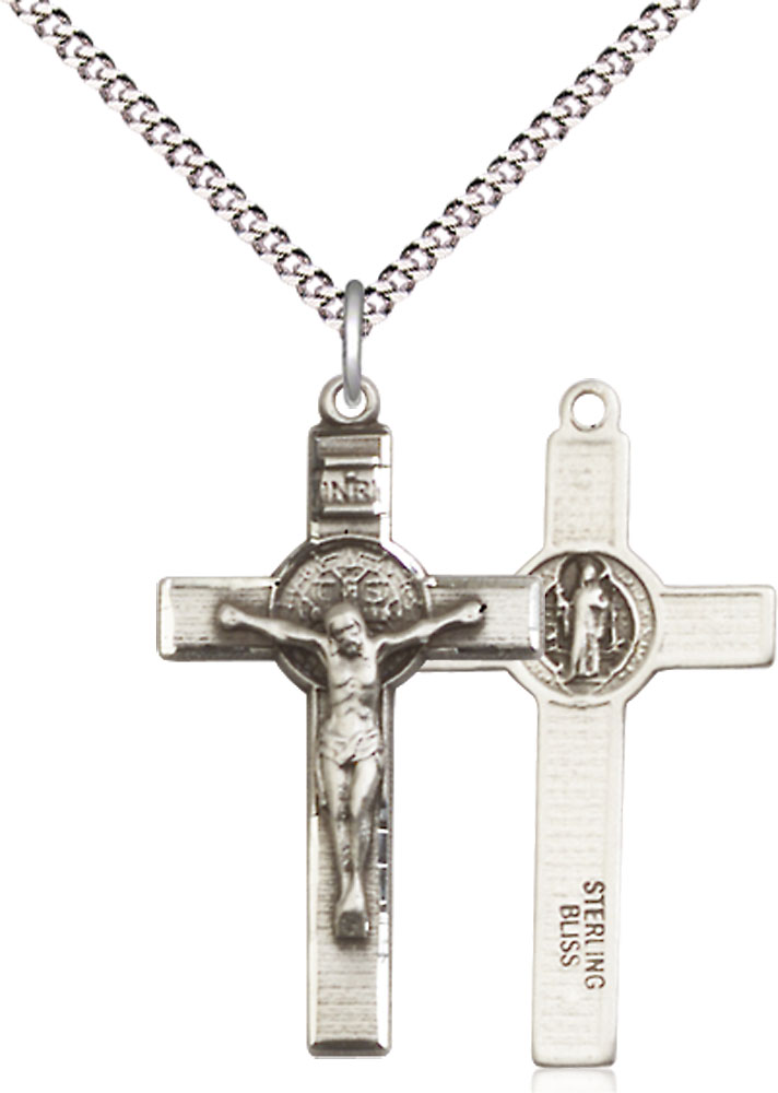 Sterling Silver Saint Benedict Crucifix Pendant on a 18 inch Light Rhodium Light Curb chain