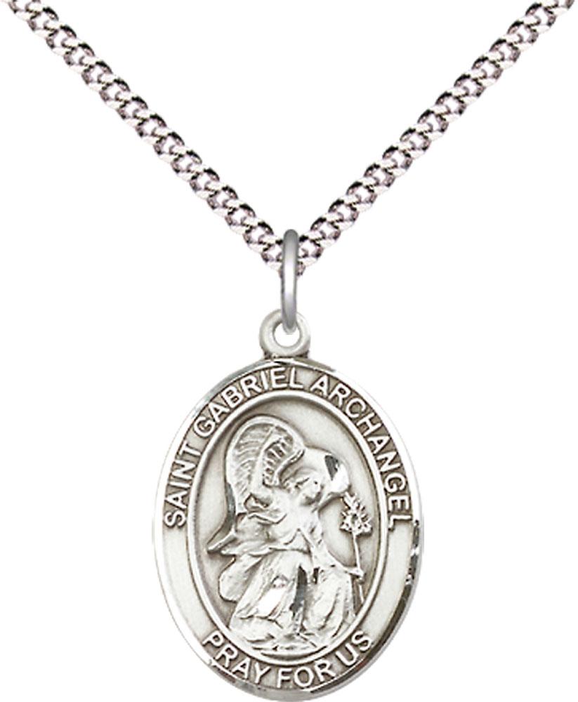 Sterling Silver Saint Gabriel the Archangel Pendant on a 18 inch Light Rhodium Light Curb chain