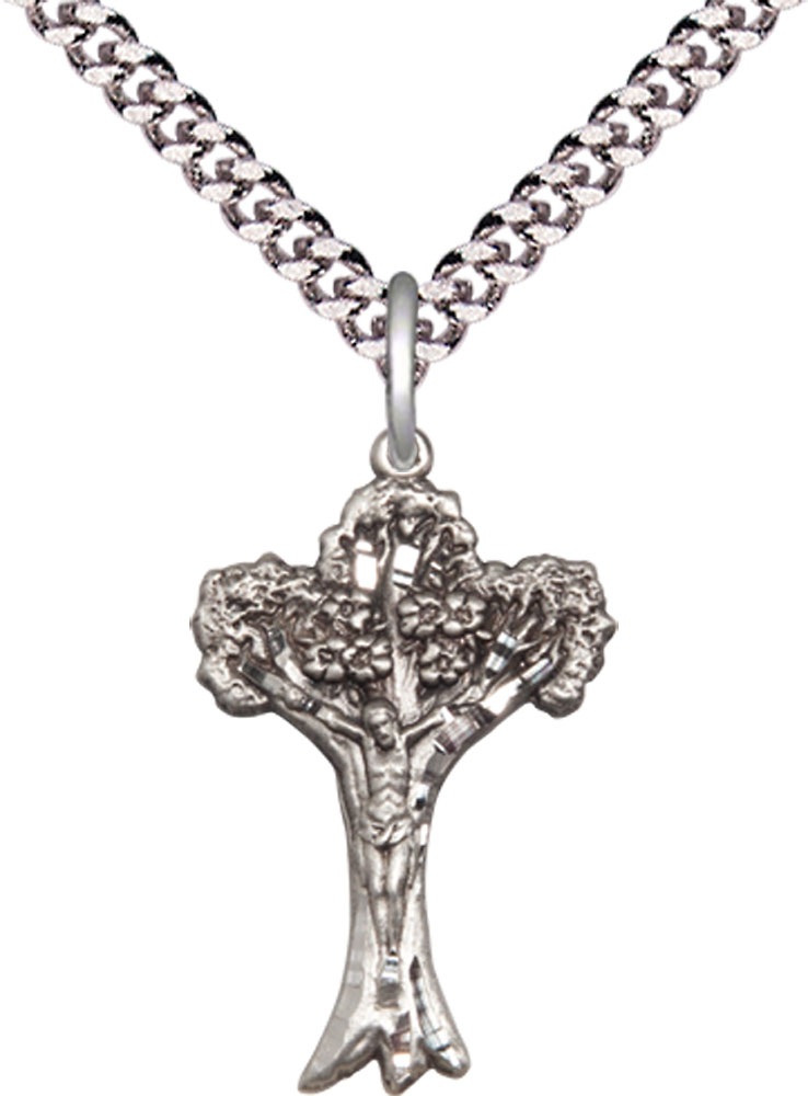 Sterling Silver Crucifix Pendant on a 24 inch Light Rhodium Heavy Curb chain