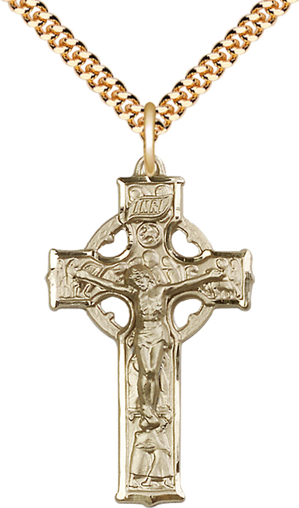 14kt Gold Filled Celtic Crucifix Pendant on a 24 inch Gold Plate Heavy Curb chain