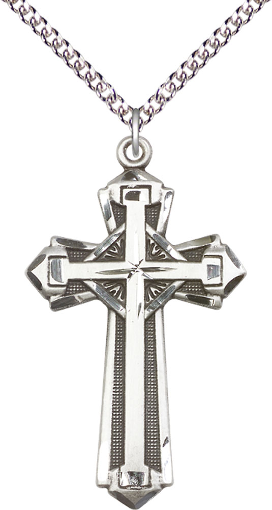 Sterling Silver Cross Pendant on a 24 inch Sterling Silver Heavy Curb chain