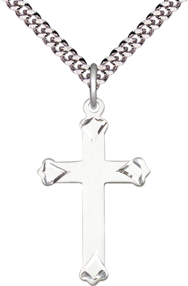 Sterling Silver Cross Pendant on a 24 inch Light Rhodium Heavy Curb chain